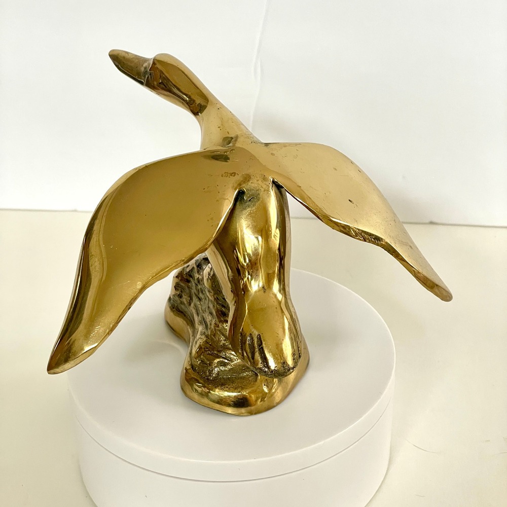Vintage Solid Brass Goose Duck Figurine Mid Century Modern Flying Bird Statue